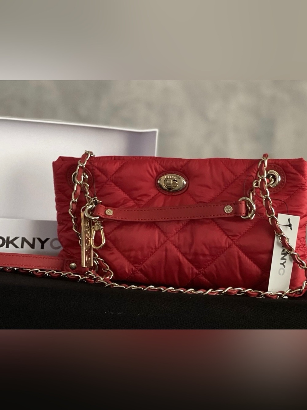 NWT DKNY Red Nylon Quilted Fabric Gold/Red Chain Crossbody/Shoulder Bag w/Box